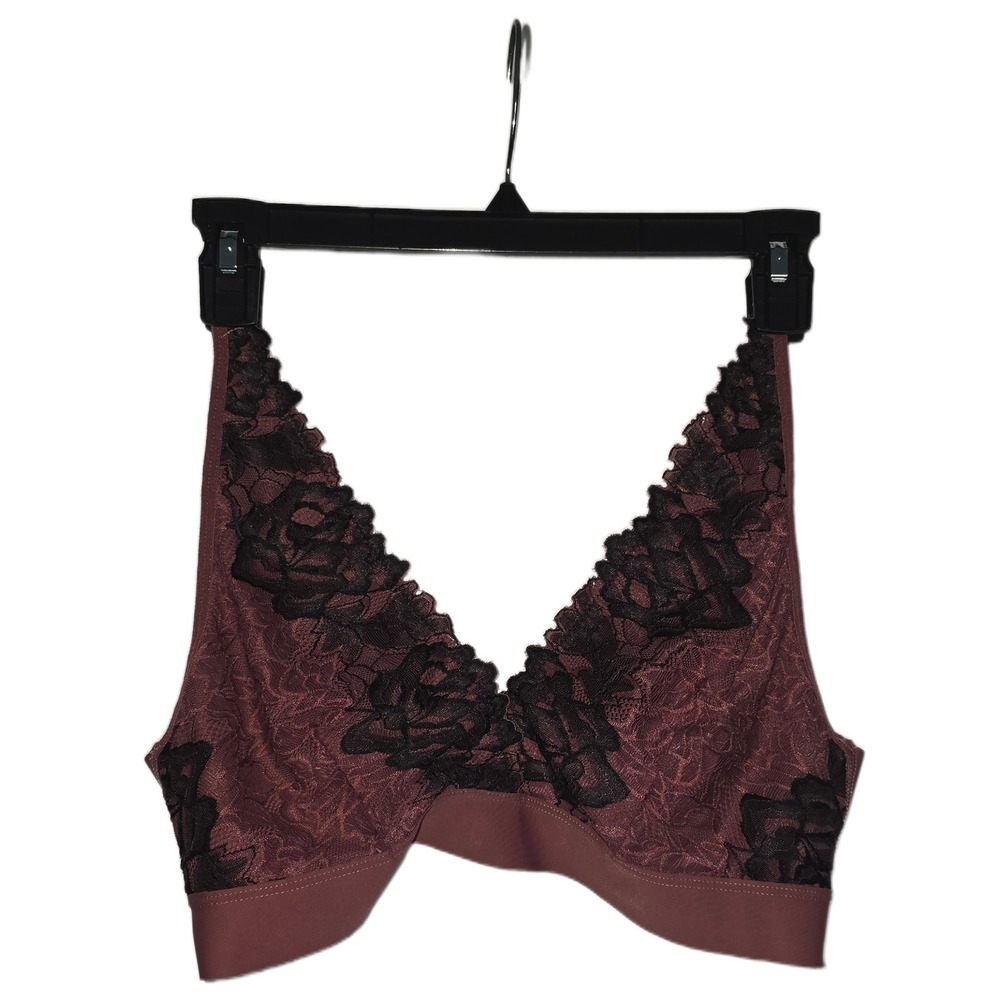 Vince Camuto Womens XL Lace Bralette V-Neck Wireless Bra Mauve Black‎ Floral